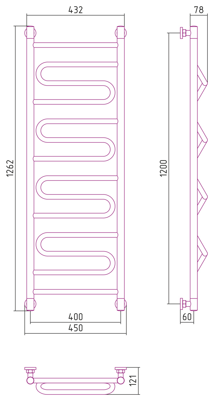 Полотенцесушитель водяной Сунержа Элегия+ 1200x400